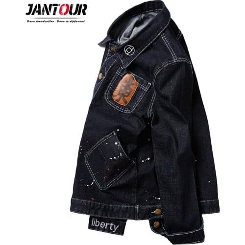 Jantour Men Jacket Spring Autumn Mens Denim Jacket Fashion Applique Denim Jacket Male Cowboy Jackets Clothing Black Veste Homme