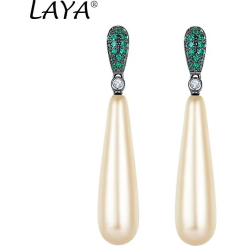 LAYA Real New Fashion Elongated Pearl Dangle Earrings For Women Wedding Jewelry Gift Temperament Cubic Zirconia Eardrop