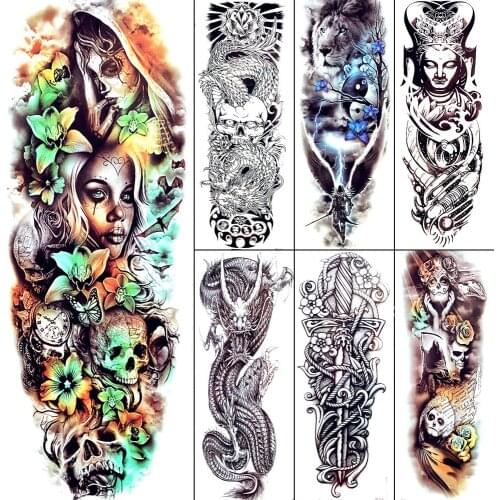 Sad Mask Woman Watercolor Tattoos Full Arm Party Large Temporary Tattoo Stickers 3D Self Adhesive Sexy Witch Tattoo Arm Sleeve