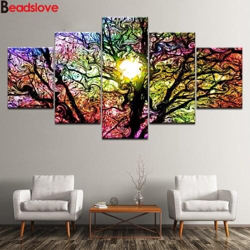 Multi Panel diamond painting Abstract Color Trees 5 Piece Diamond picture full square round diamond embroidery rhinestone art