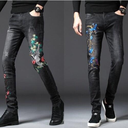 Men’s high quality embroidery jeans slimming stretch denim pants Chinese dragon black jeans red-crowned crane casual jeans pants