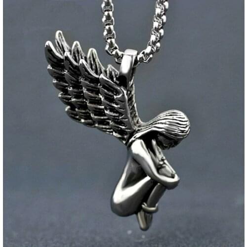 Retro Angel Wings Mens Long Necklace Pendant Punk Angel Girl Stainless Steel Necklace For Men And Women Fashion Biker Jewelry