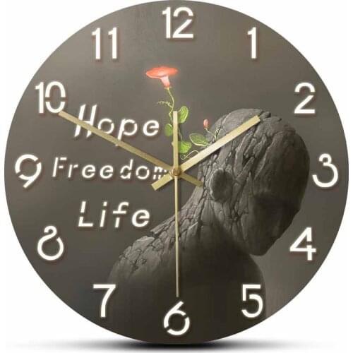 Red Flower On Broken Human Sculpture Surreal Fantasy Wall Clock Decor Hope Freedom Life Contrast Concept Art Clock Wall Watch