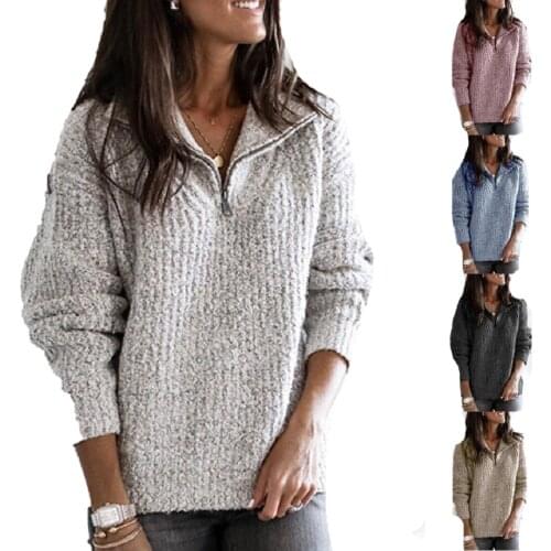 Autumn Winter Tops Women SweatersTurn Down Collar Jumper Solid Warm Pullovers Sweater Zip-up Woman Long Sleeve Loose Sweater