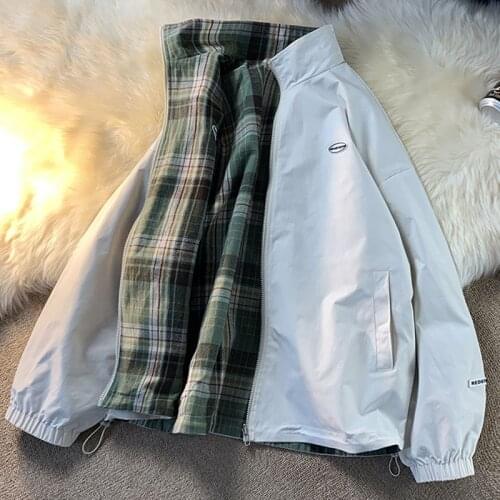 Autumn Jacket Men Korea Style Reversible Plaid Fashion Clothing Stand Collar Zipper Jacket Men Cotton Casual Jaqueta Masculina