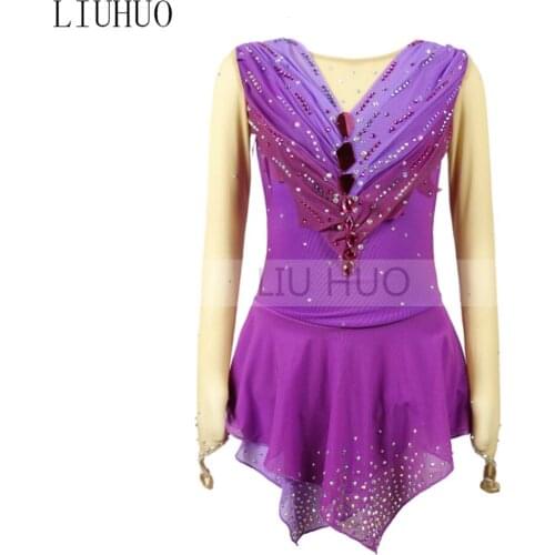 LIUHUO Figure Skating Dress Womens Girls' Ice Performance Purple Competition Leotard Artistic Costume Dance Adult Long Sleeve