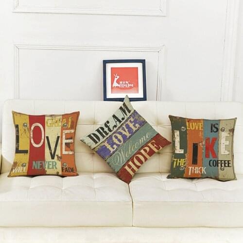 Vintage Letters Style Cotton Linen Cushion Creative Letters Love Pattern Throw Pillow Pillowcase Home Decor Valentines Day Gift