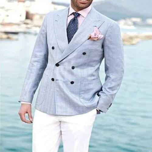 Light Blue Double Breasted men suit 2020 White Pants Groom Tuxedos linen Wedding Linen Mens Prom Dinner Party Suits Jacket+pants