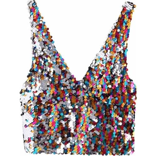 Full Sequins Bling Bling V Neck Rainbow Shine Chic Girls Top Guitar Show Dance Sexy Cosutmes