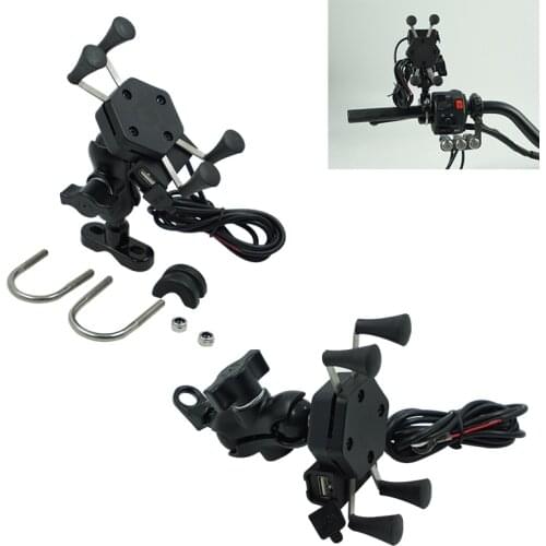 Unversal Motorcycle Bike Mobile Phone Stand Holder With USB Charger Socket X Type Mount bracket Rear View Mirror For iphone