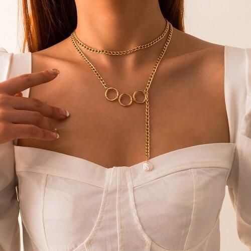 Hip Hop Multi Layered Geometric Round Circle Choker Necklace Collar Punk Imitation Pearl Pendant Necklaces for Women Jewelry