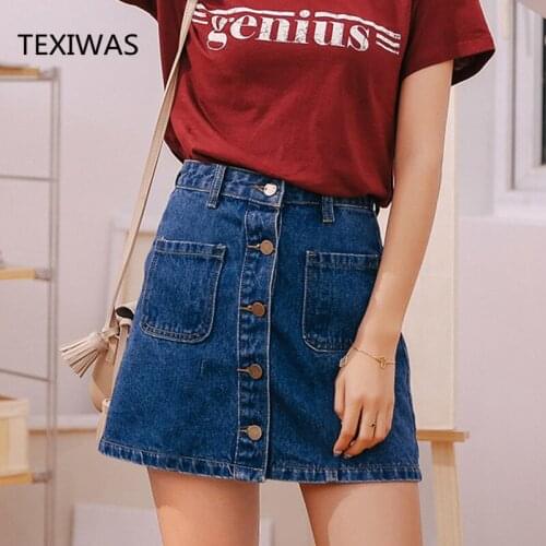 TEXIWAS Sexy Denim Skirt High Waist A-line Mini Slim Skirts Women Summer New Single Button Pockets Jean Skirt Style harajuku