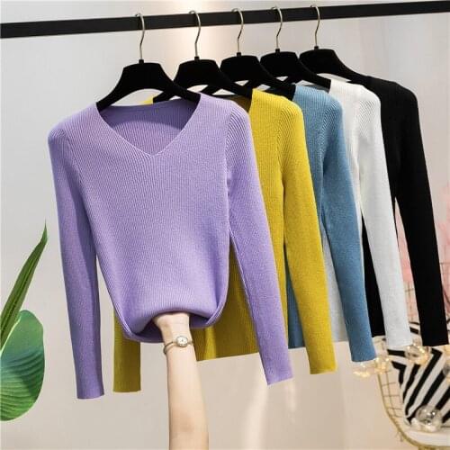 Autumn and Winter Woman Sweaters Fashion V Collar Computer Knitted Stripe Womens Sweaters Slim Fit Pullovers Casual Lady Sweater
