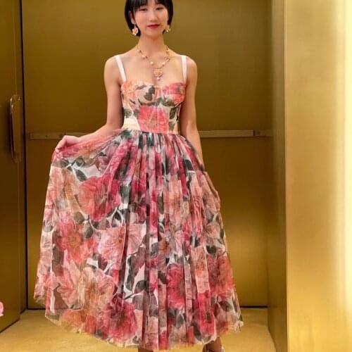 Bohemian Floral Print Long Spaghetti Strap Dress 2021 Summer New Elegant Lady Dresses Sexy Backless Perspective Women Beachwear