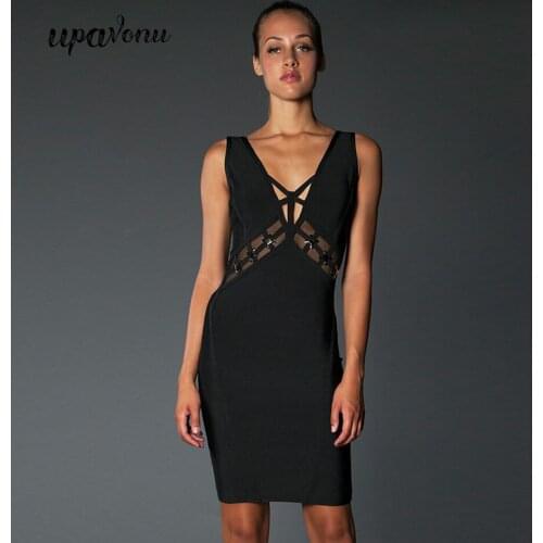 2020 New Summer Bandage Dress Women Sexy Openwork Mesh Sleeveless V-Neck Black Club Bodycon Dress Celebrity Club Party Vestidos