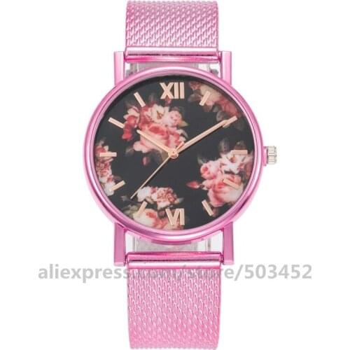 100pcs/lot A06#-7 Casual Women Watches No Logo Female Quartz Black Dial Leisure Flower Wristwatch PVC Strap Watch Reloj Mujer