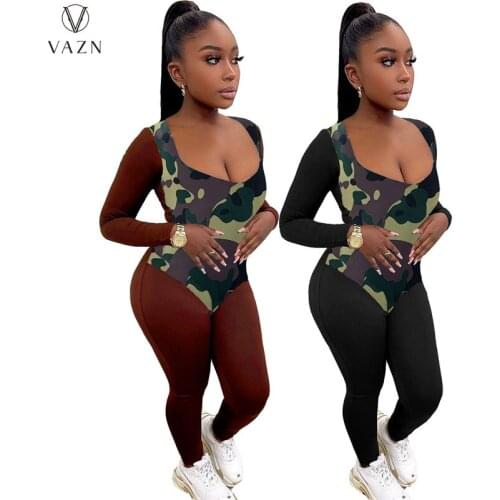 VAZN 2021 Autumn Camouflage Patchwork Tracksuits Young Sexy Full Sleeve Soft Women High Waist Skinny Pencil Jumpsuits