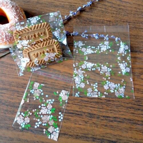 300pcs 2 Size Choose Transparent Rose Self-adhesive Food Packing bag Cellophane Bag, Cute Biscuit bag Plastic Party Favor Bag