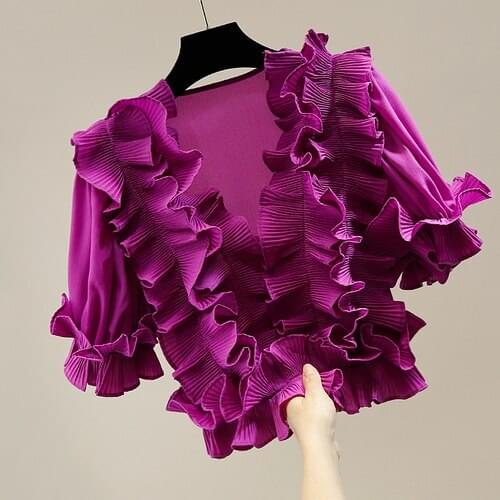 Blouses Women Vintage Short Puff Sleeve Sweet Ruffled V-neck Patchwork Waist Trimming Pullover All-Matching Shirts Tops Blusas