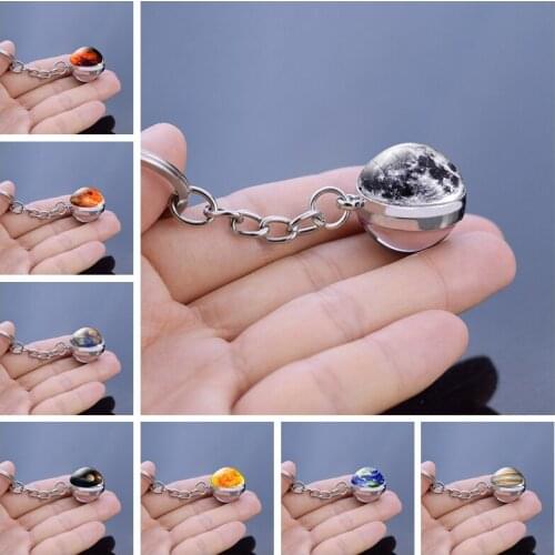 Moon Earth Sun Mars Planet Keychain Keyring Double Side Glass Ball Universe Nebula Key Chain Ring Solar System Jewelry