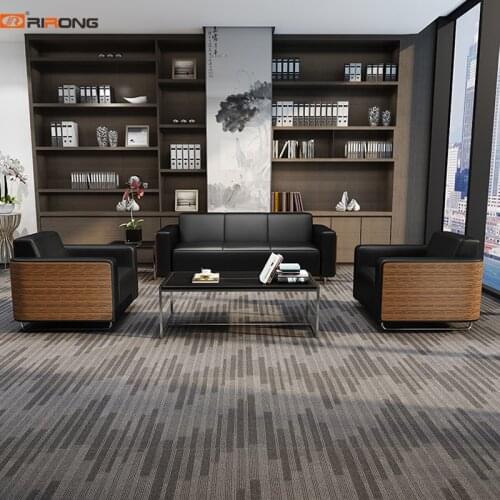 Black Office Furniture Living Room Leather Bend Walnut Wood Office Sofa Couch Coffee Table Set