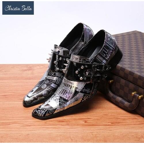 Christia Bella New Fashion Printing Genuine Leather Men Business Shoes Rivets Plus Size Slip on Square Toe Formal Dress Shoes