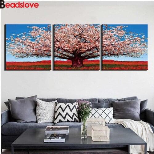 D DIY square round Diamond Painting pink Tree nature landscape Mosaic Rhinestone Embroidery with diamonds art wall sticker 3pcs