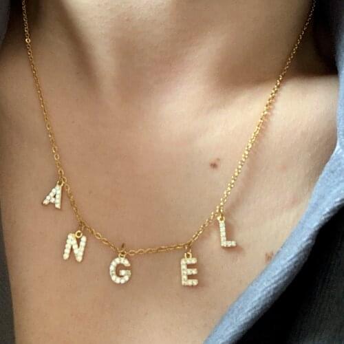 DIY Mini Zircon Letters Name Custom Charm Gold Color Micro Pave CZ Alphabet ABC Pendant Choker Necklace Women Steel Chain Collar