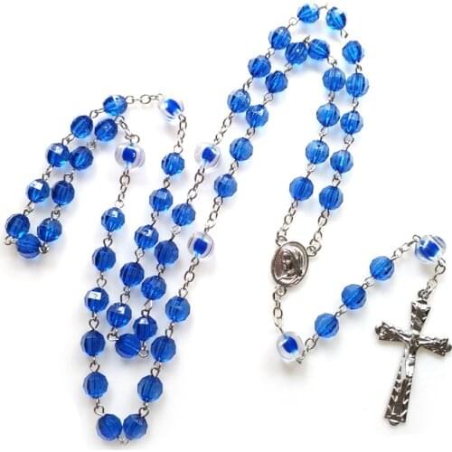 QIGO Blue Acrylic Catholic Rosary Long Cross Pendant Necklace For Men Women Religious Jewelry