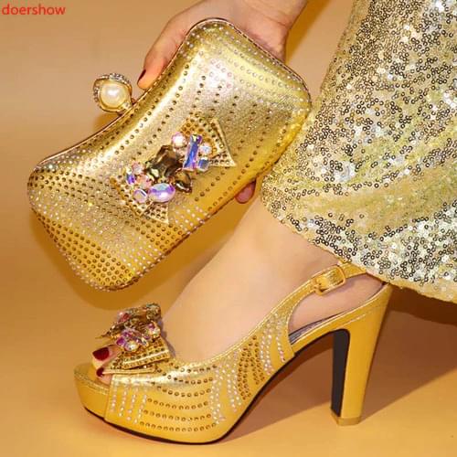Doershow 2018 New African shoe and bag set for party Italian shoe with matching bag new design ladies bag with gold!HJM1-2