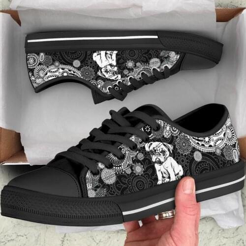 ELVISWORDS Bohemian Fashion Women Canvas Sneakers Flats Cute Pug Dog Pattern Lace Up Ladies Low Top Vulcanized Shoes Woman 2020