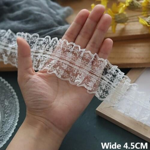4.5CM Wide White Tulle Frilled Lace Pleated Mesh Fabric Embroidered Collar Trim Fringe Ribbon Apparel Dresses DIY Sewing Decor