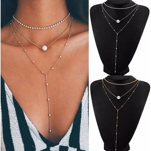 Fashion Rhinestone Choker Faux Pearl Womens Multilayer Chain Tassel Necklace Jewelry Accessory Valentines Day present