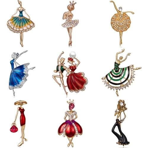 Fashion Rhinestone Dancing Boy and Girl Drawing Oil Figure Character Brooch Pin Women Girl Enamel Dress Small Dress