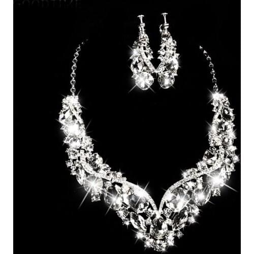 Fashion Silver Color Clear Austrian Crystal Bridal Jewelry Set Twisty Choker Necklace Earrings Wedding Accessories Bride Jewelry