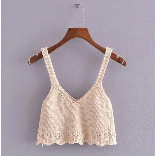 MXTIN 2021 Women Sweet Jacquard Cropped Knitted Tank Tops Vintage Hollow Out Backless Thin Straps Female Camis Chic Top