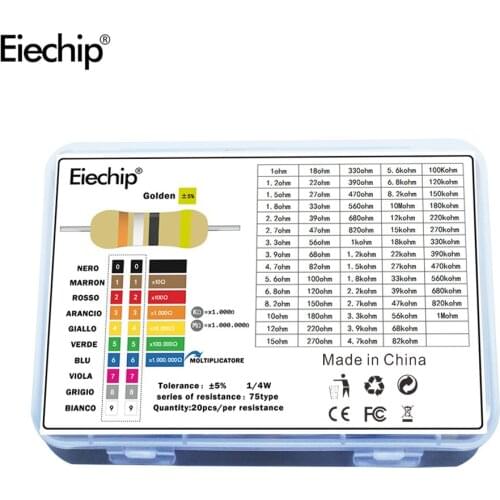 1500pcs/lot 1/4 Power Carbon Film Resistor assortment kit 75Values 1 ohm - 10M ohm Resistance 5% electronic resistors set pack