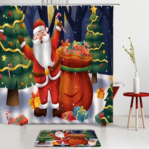 Christmas Shower Curtain Set Bath Mats Santa Claus Festival Bathroom Kitchen Entrance Door Mats Room Decoration Non-Slip Carpets
