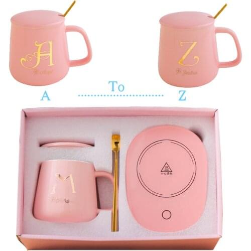 Pink Mugs Coffee Cups Set with Lid &spoon 220V CN Keep Warm Mat 26 Letters Custom Mug Drinkware Cute Ceramics Coffee Mug Cup