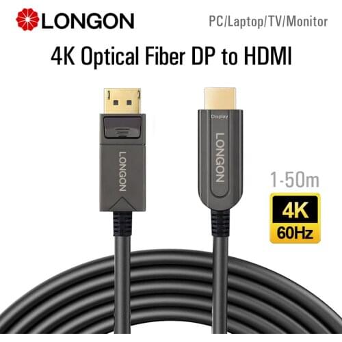LONGON Optic Fiber DisplayPort DP to HDMI 4K 60Hz Adapter Cable Optical Fiber For 4K 30Hz 1080P 144Hz PC Monitor 5m 10m 15m 50m