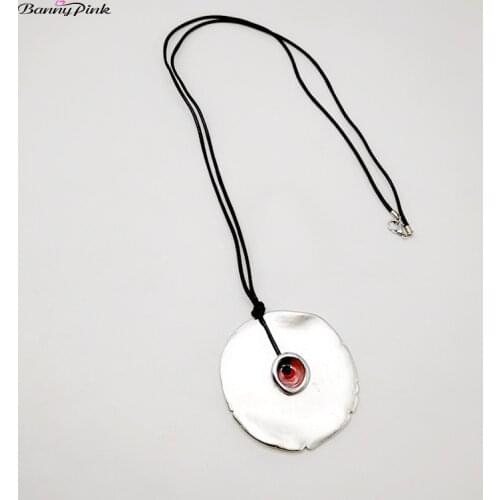 Banny Pink Large Matte Silver Color Round Pendant Necklace For Women Chunky Geometric Disc Sweater Necklace Long Rope Necklace