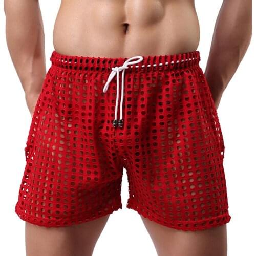Beach Shorts Erotic Men Solid Color Mesh See Through Hollow out Drawstring Shorts Beach Pants Summer New Casual Shorts Men 2020