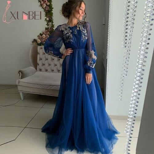 Robe de soiree Dubai Royal Blue Long Sleeves Evening Dresses Long Abiye Gold Appliques Soft Tulle Evening Party Dress