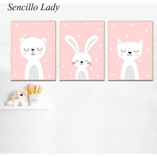 Pink Bear Bunny Cartoon Animal Canvas Painting Nursery Poster Print Child Wall Art Picture Nordic Kid Girl Bedroom Decoration