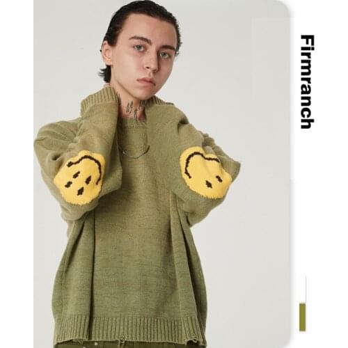 Firmranch New Men/Women Couple Smile Face Sweater Broken Knitwear Round Collar High Street Loose Green White Casual Pullover