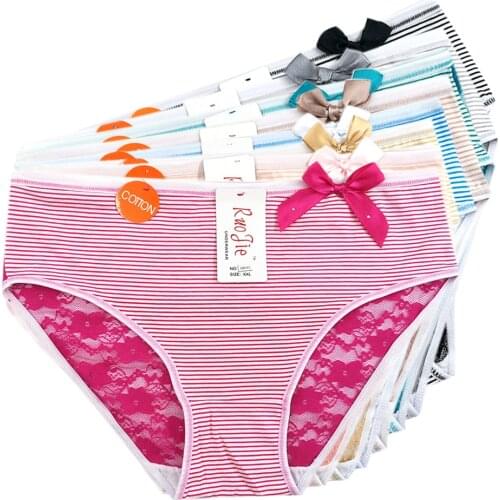 Women cotton panties sexy mid-rise stripe lace waist patchwork briefs Ladies briefs plus size women briefs underwear 5 Pcs/lot
