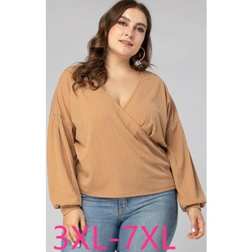 2021 spring autumn new plus size tops for women large long sleeve loose casual V neck sexy low-cut t-shirt khaki 4XL 5XL 6XL 7XL