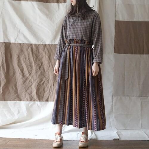 Johnature Vintage Bandage Dress For Women 2021 Autumn New Patchwork V-Neck Long Sleeve Chinese Style Women High Waist Dress