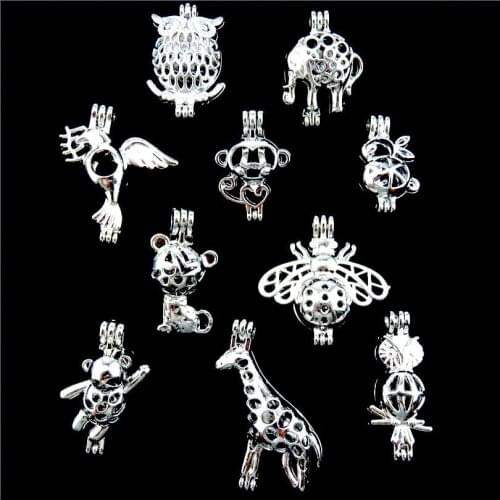 21694 Trendy Animal Elephant Bear Bee Locket Pendant Aromatherapy Beads/Pearls Cage Bangle Necklace Jewelry Making Mixed 10pcs
