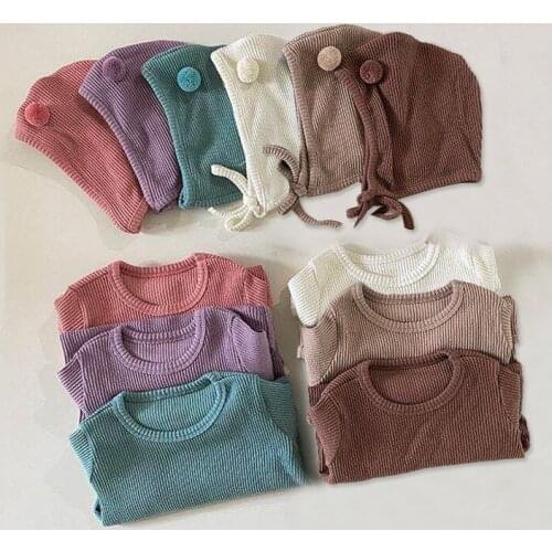 2020 Korean Style Baby Jumpsuit With Hat Set Spring And Autumn Cotton Knit 2pcs Clothing For Girl And Boy Newborn Clothes 0-24m